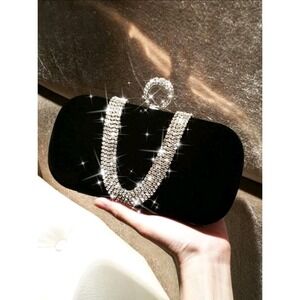 Black Velvet Evening Clutch Bag with Rhinestone Handle and Strap Crystal  Purse